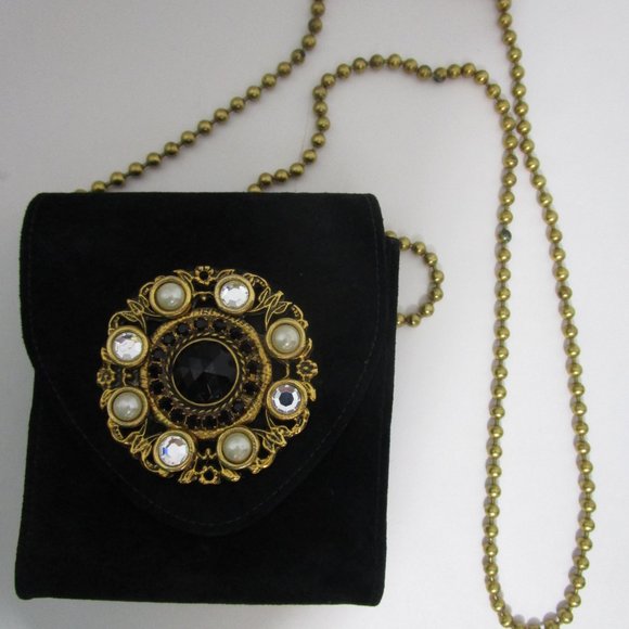Jeweled Black Suede Box Crossbody Purse Shoulder Bag Gold Chain 80s - Picture 2 of 10